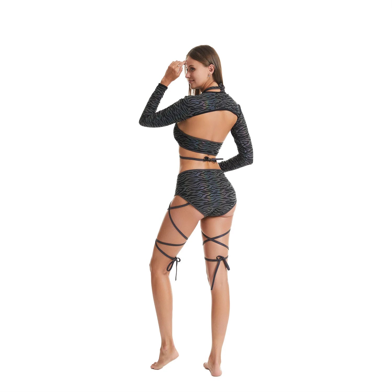 Harajuku Fashion Women Colorful Reflective Set Bandage Shorts+Bra+Crop Top Techwear Clothing Conjuntos Curtos SS69