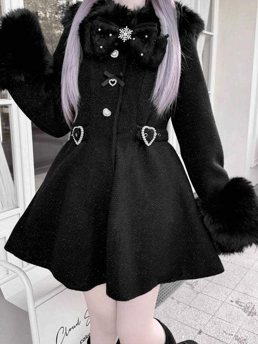 Original Japanese Mass-Produced Lace Jackets Girls Women Cute Bow Waist Cinch Heavy Drill Button Slim Fit Elegant Black Coat