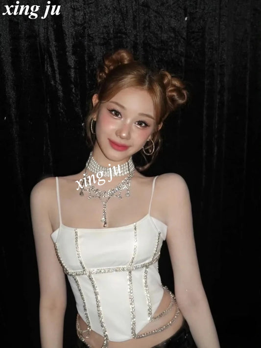 Kpop Singer Sexy White Sling Tops Tight Leather Shorts Korean Group Concert Stage Performance Outfits Women Jazz Dance Costume