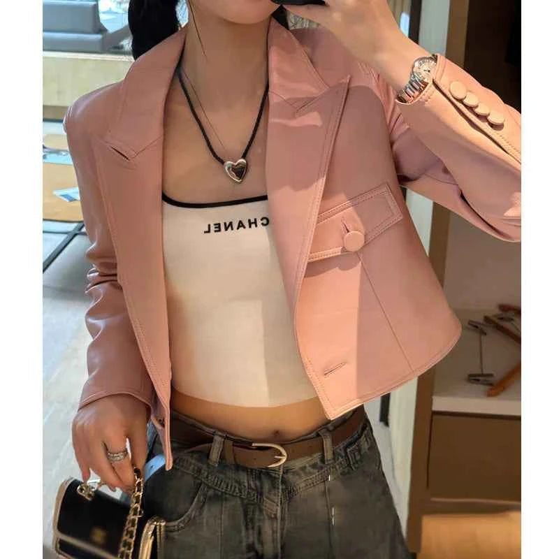 2024 New Short Genuine Leather Blazer Jackets for Women Fashion Pink Lapel Single Button Female Long Sleeve Sheepskin Jackets
