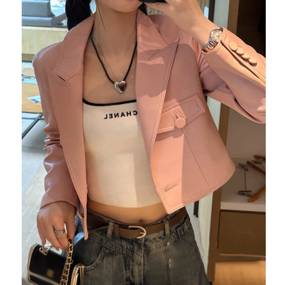 2024 New Short Genuine Leather Blazer Jackets for Women Fashion Pink Lapel Single Button Female Long Sleeve Sheepskin Jackets