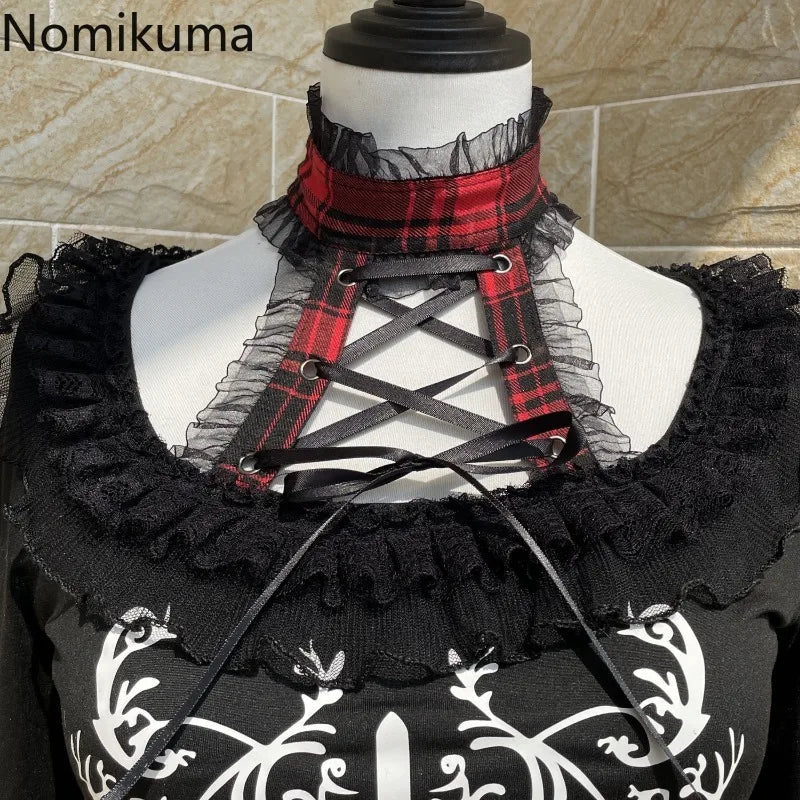 Japanese Gothic Woman Tshirts Y2k Tops Slim Waist Bandage Tees Patchwork Lace Print Long Sleeve Black T Shirt 2025 Ropa Mujer SS69