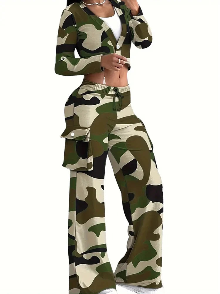 Camo Print Cargo Pants Sets Sexy Crop Tops & Elastic High Waist Wide Leg Trousers Women's Two Pieces Set Casual SweatOutfits SS69 26.69 Army Green / M