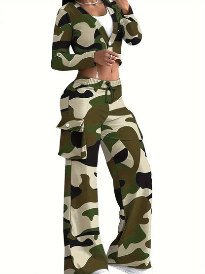 Camo Print Cargo Pants Sets Sexy Crop Tops & Elastic High Waist Wide Leg Trousers Women's Two Pieces Set Casual SweatOutfits SS69 26.69 Army Green / M
