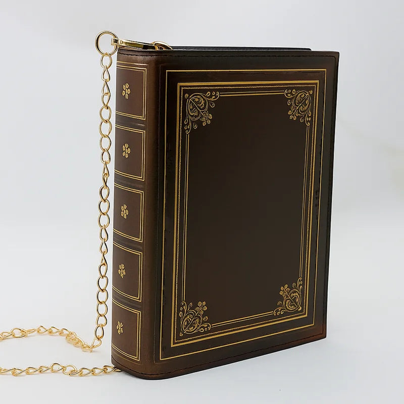 Book Look Handbag Old Brown Leather Book with Gold Design Shoulder Bag Purse