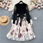 SINGREINY Senior Knitted Patchwork Dress Long Lantern Sleeves Bow Mesh Embroidery Floral Women Autumn France Elegant Party Dress