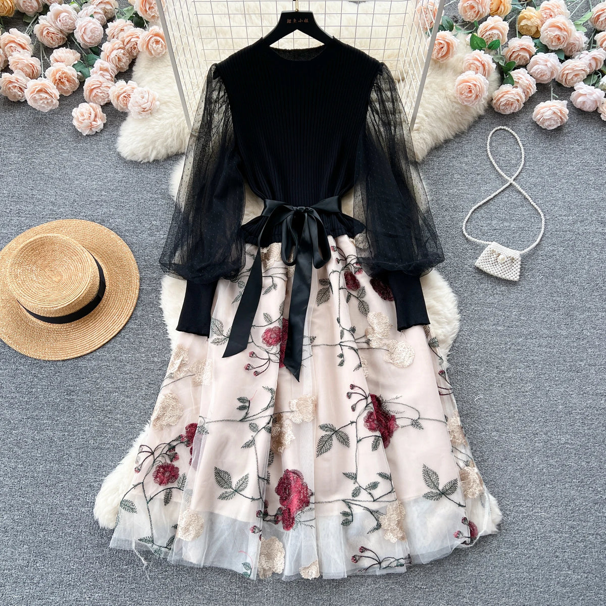 SINGREINY Senior Knitted Patchwork Dress Long Lantern Sleeves Bow Mesh Embroidery Floral Women Autumn France Elegant Party Dress