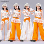 Girls K-pop Off Shoulder Crop Top Lace Cargo Pants Dance Shorts Kids Hip Hop Streetwear Children Jazz Girl Group Clothes Sets