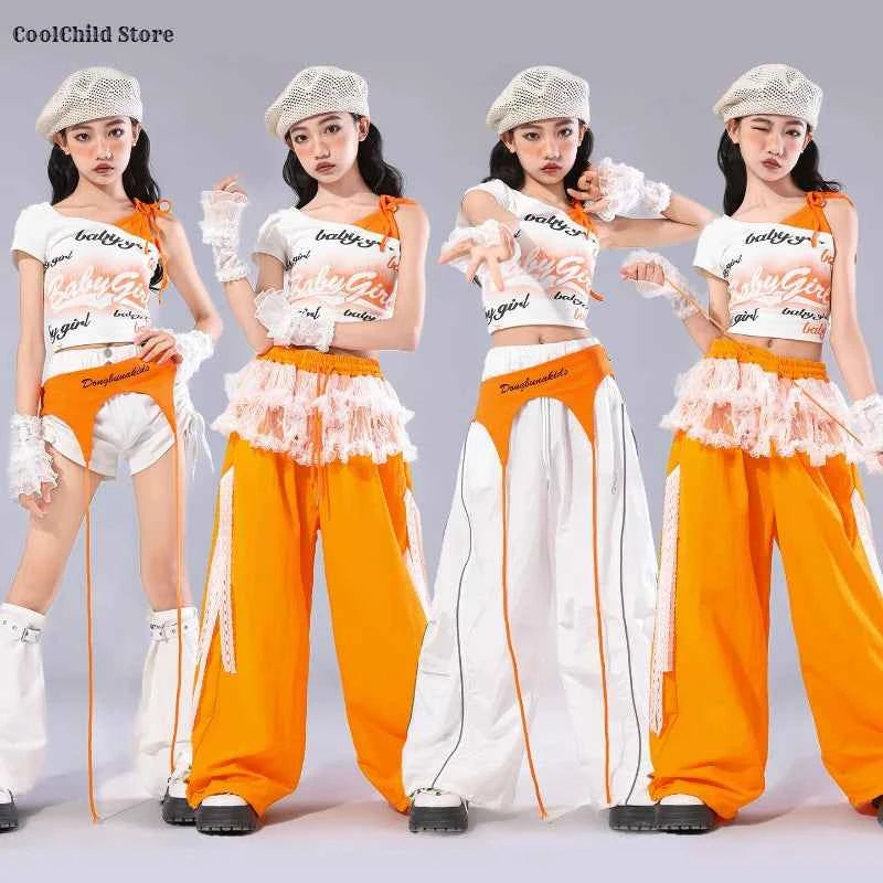 Girls K-pop Off Shoulder Crop Top Lace Cargo Pants Dance Shorts Kids Hip Hop Streetwear Children Jazz Girl Group Clothes Sets