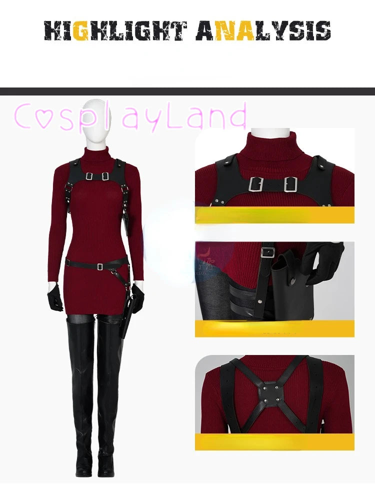 Female Ada Wong Cosplay Costume Clothing Resident 4 Remake Ada Red Women Dress Role Playing Halloween Game Set with Shoes