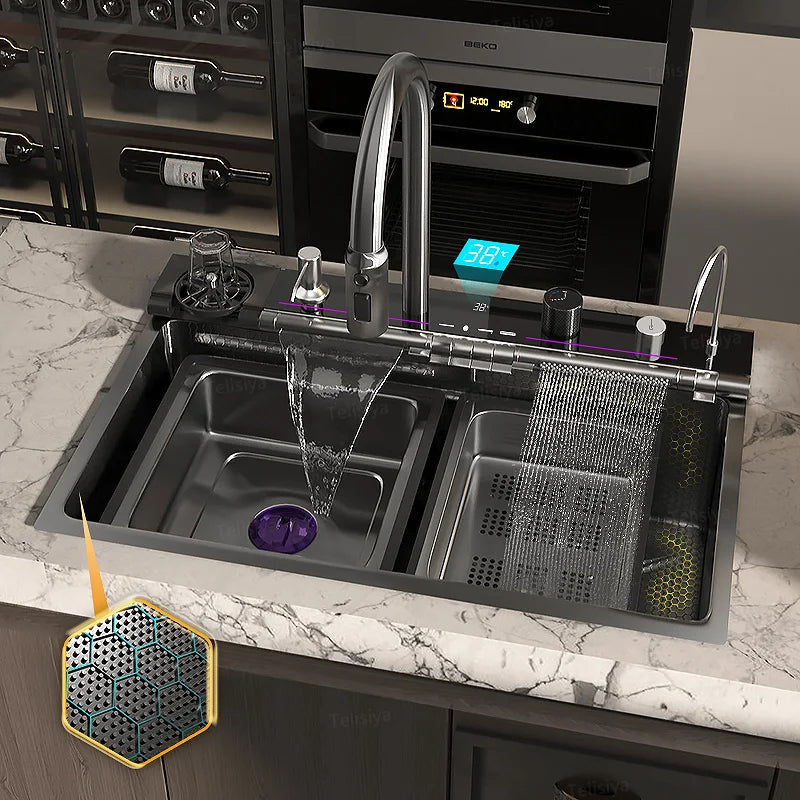 TELISIYAC Stainless Steel Waterfall Kitchen Sink - Large Single Bowl