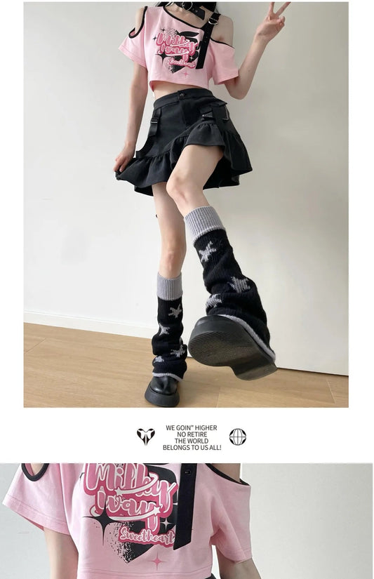 Black Pink Y2K Clothing Set Hot Girls Strapless Strap Short Sleeve T-shirt Slimming Jeans Long Pants Female 4 Piece Set Outfits SS69