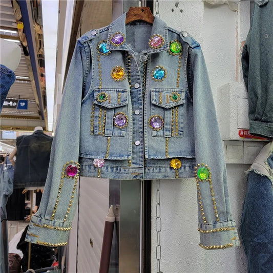 Color Gem Stitching Denim Coat Autumn New American Style Vintage Washed Beaded Rivet Street Fashion Short Jacket Women Trendy SS69 52.69 Colored Diamond Coat / M