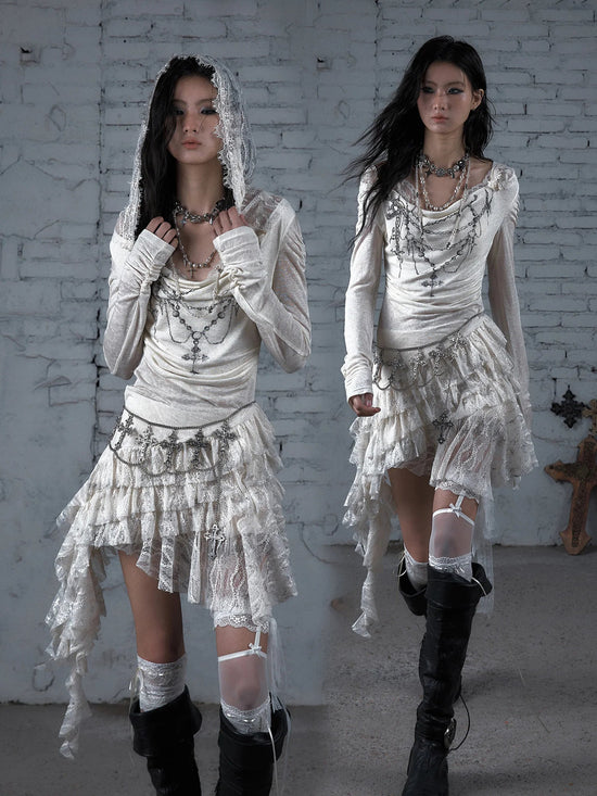 NO ROMANCE Fairy Sexy Punk Printing Half Transparent Lace Patch Knitted Long Sleeve Hooded Dresses Rock Gothic Design Vestidos SS69