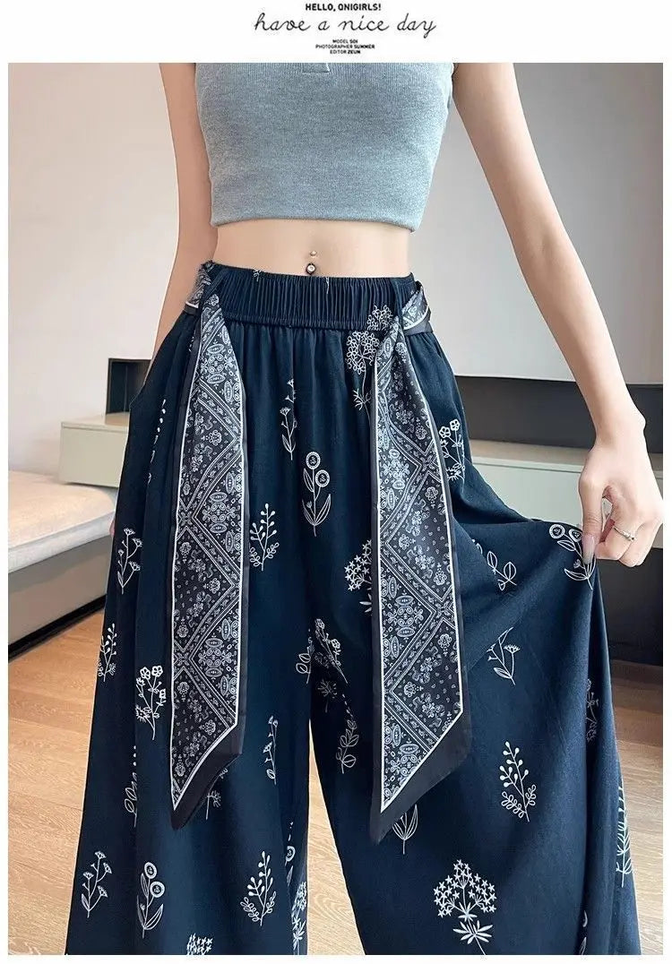 Women's Floral Print Wide Leg Pants - High Waist Casual Trousers