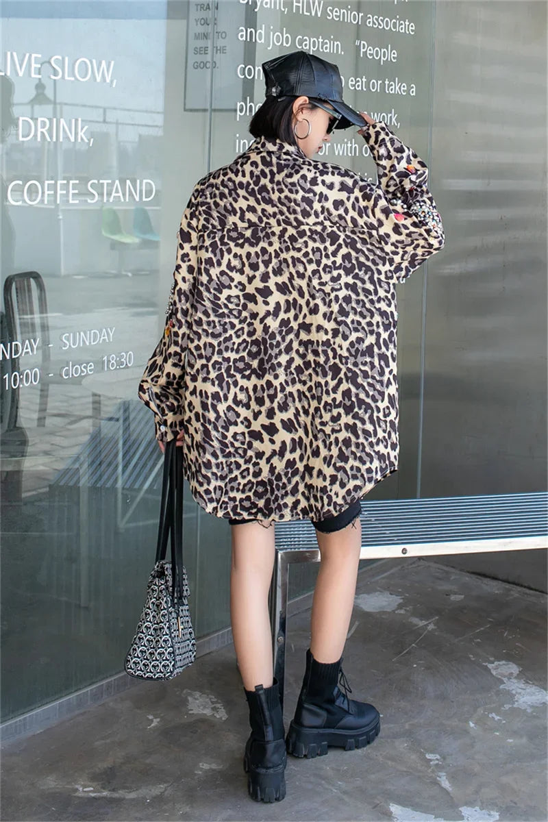 Harajuku Vintage Pearl Beaded Diamonds Leopard Print Women Thin Shirt Jacket Loose Casual Lapel Long Sleeve Female Jacket Coat SS69
