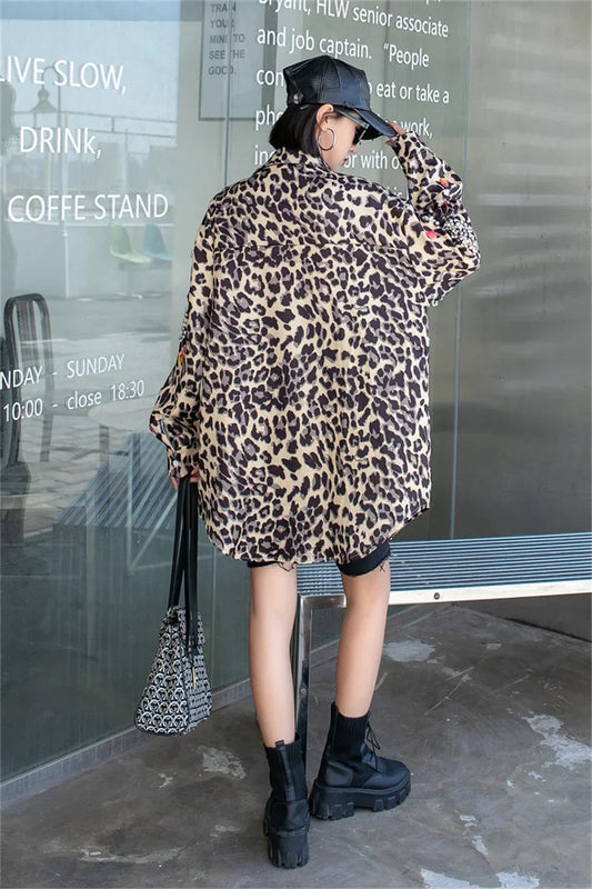 Harajuku Vintage Pearl Beaded Diamonds Leopard Print Women Thin Shirt Jacket Loose Casual Lapel Long Sleeve Female Jacket Coat SS69