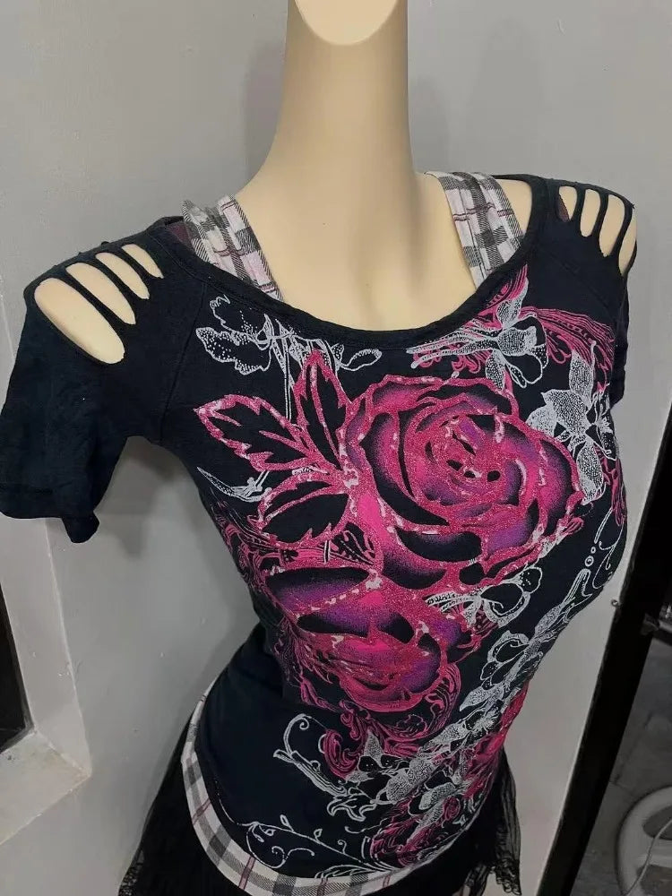 Kimutomo Women T Shirts Vintage Flowers Printed Short Sleeve Spring Summer Fashion Slim Grunge Gothic Y2k Harajuku Tops Ladies