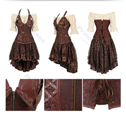 Brown Pirate Dress Plus Size Faxu Leather Steampunk Corset Dress with Shoulder Off Blouse Cosplay Pirate Costume for Women SS69