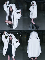Nerazzurri Winter Sweet Cute Kawaii Soft Thick Warm White Faux Fur Coat Women with Bunny Ears Cute Fluffy Jacket Hoodie 2024 SS69