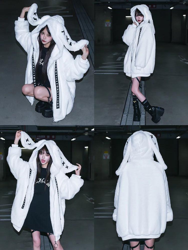 Nerazzurri Winter Sweet Cute Kawaii Soft Thick Warm White Faux Fur Coat Women with Bunny Ears Cute Fluffy Jacket Hoodie 2024 SS69