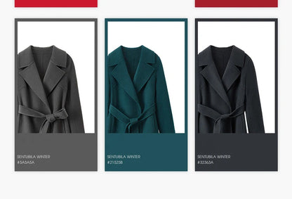 SENTUBILA Women 100% Wool Long Wrap Coat 2026 Elegant Notched Collar Belted Warm Double Faced Woolen Winter Overcoat W24O43352