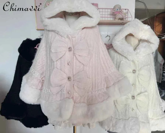 Autumn and Winter Japanese Liz Furry Knitted Cape Coat Sweet Girls Women Mine Series Cute Bow Princess Hooded Kawaii Lolita Coat