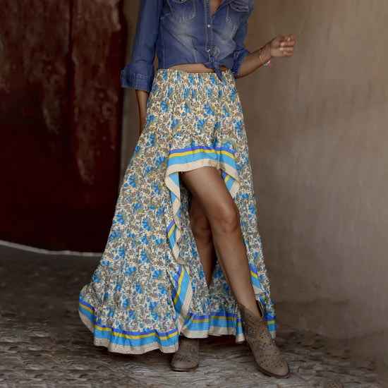 Summer 2025 New Cotton Floral Print Irregular A Line Skirt Women Bohemia Short Front And Long Back Skirts Loose Swing Skirts SS69 26.69 Blue / S / CHINA