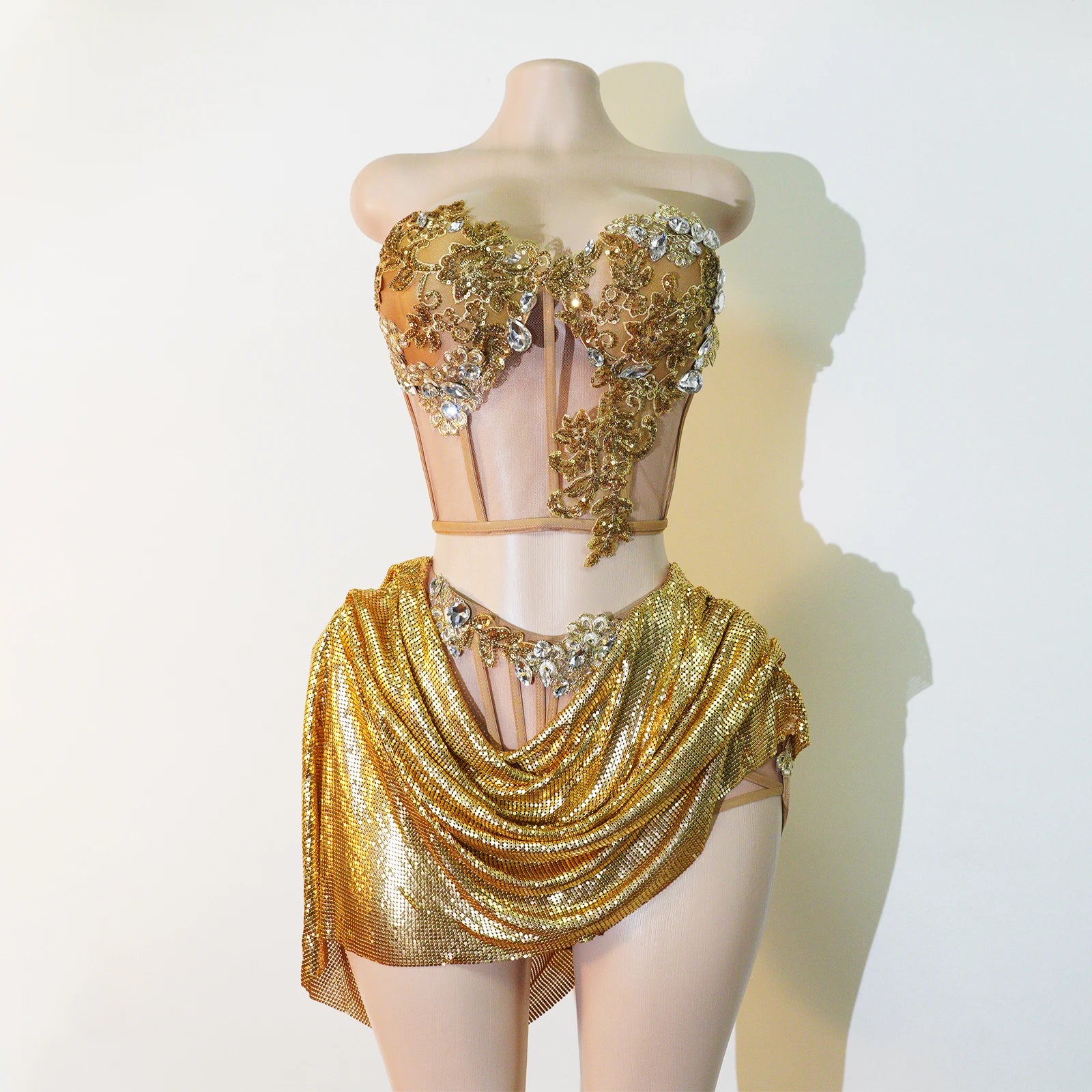 Draped Sequins Corset & Skirt 2 Piece Set - Rhinestone Crystal