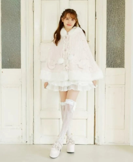 Godivana Lolita Faux Rabbit Fur Cape, Hooded Batwing Sleeve Winter Jacket