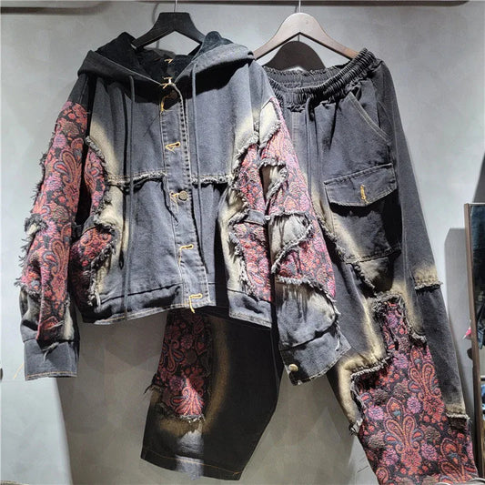 DEAT Women's Patchwork Denim Hooded Jacket and High Waist Wide Leg Pants Set