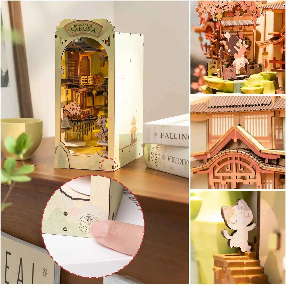 Robotime Rolife Falling Sakur Book Nook DIY Dollhouse Bookend Model Kit with LED Light Wooden Puzzle for Bookshelf Decor - TGB05
