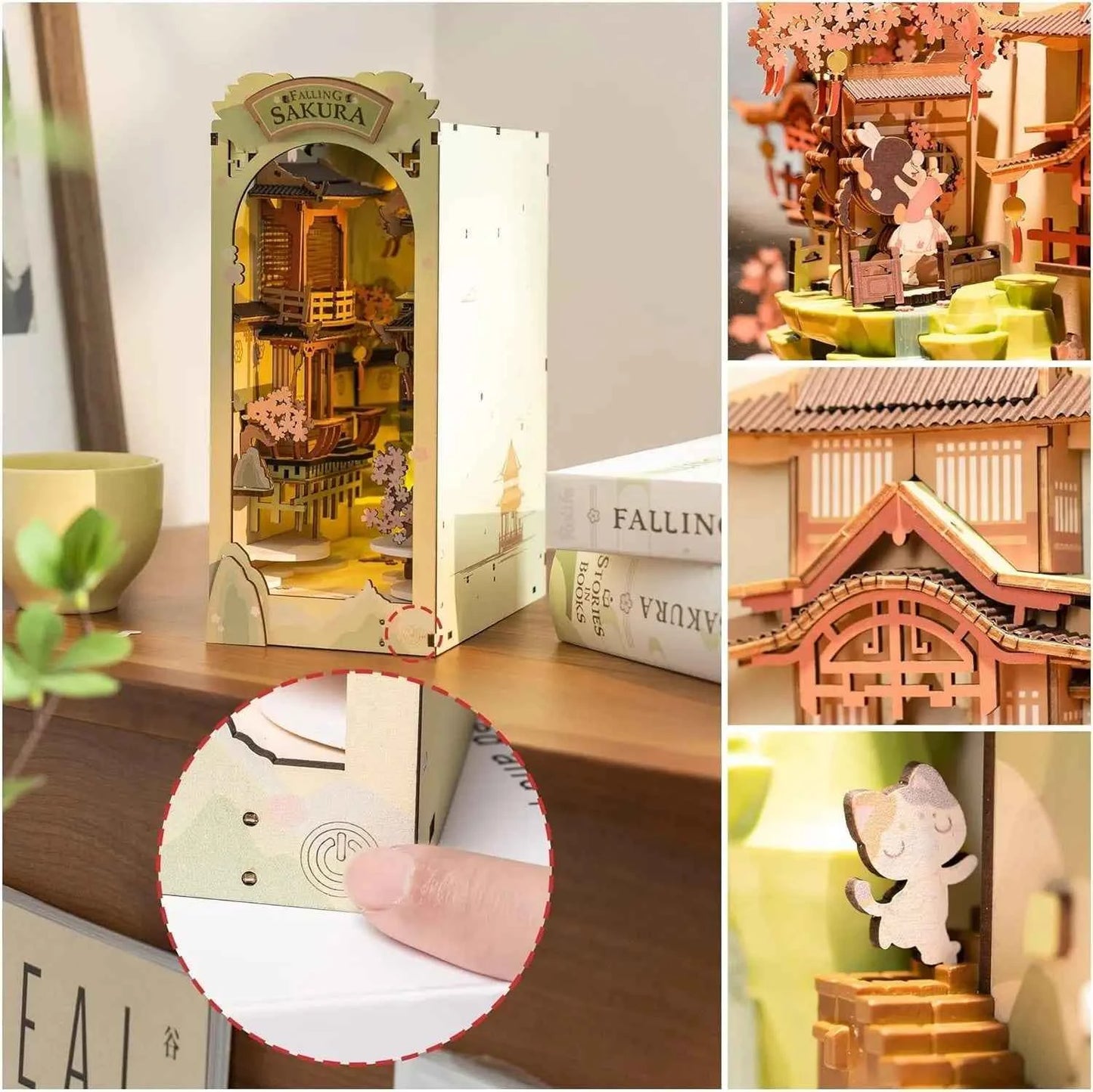 Robotime Rolife Falling Sakur Book Nook DIY Dollhouse Bookend Model Kit with LED Light Wooden Puzzle for Bookshelf Decor - TGB05