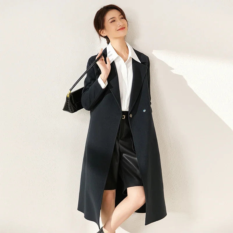 SENTUBILA Women 100% Wool Long Wrap Coat 2026 Elegant Notched Collar Belted Warm Double Faced Woolen Winter Overcoat W24O43352