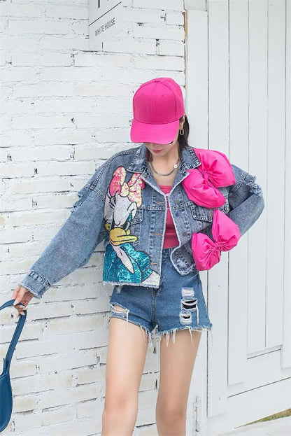 2024 New Women Coat Cartoon Sticker Embroidered Sequin Short Denim Jacket Loose Bowknot Top SS69