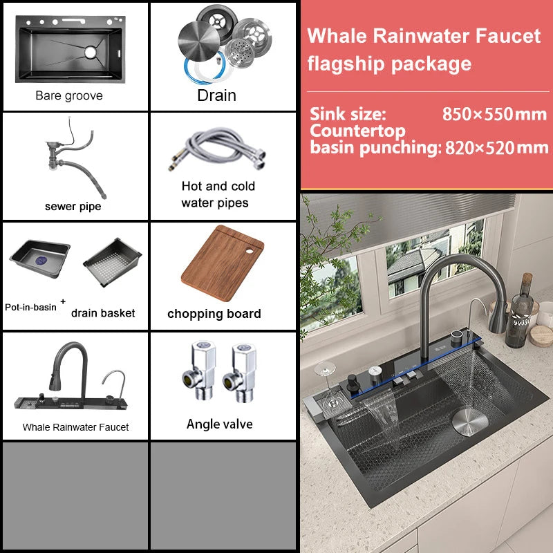 BOSX Stainless Steel Kitchen Sink with Waterfall Faucet