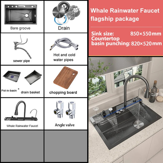 BOSX 304 Stainless Steel Kitchen Sink with Waterfall Faucet and Digital Display
