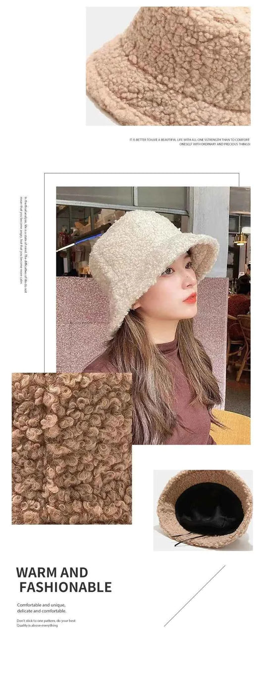 Unisex Harajuku Bucket Hat Solid Men Fishing Fisherman Hat Autumn Winter Lamb Wool Outdoor Warm Panama Cap For Women