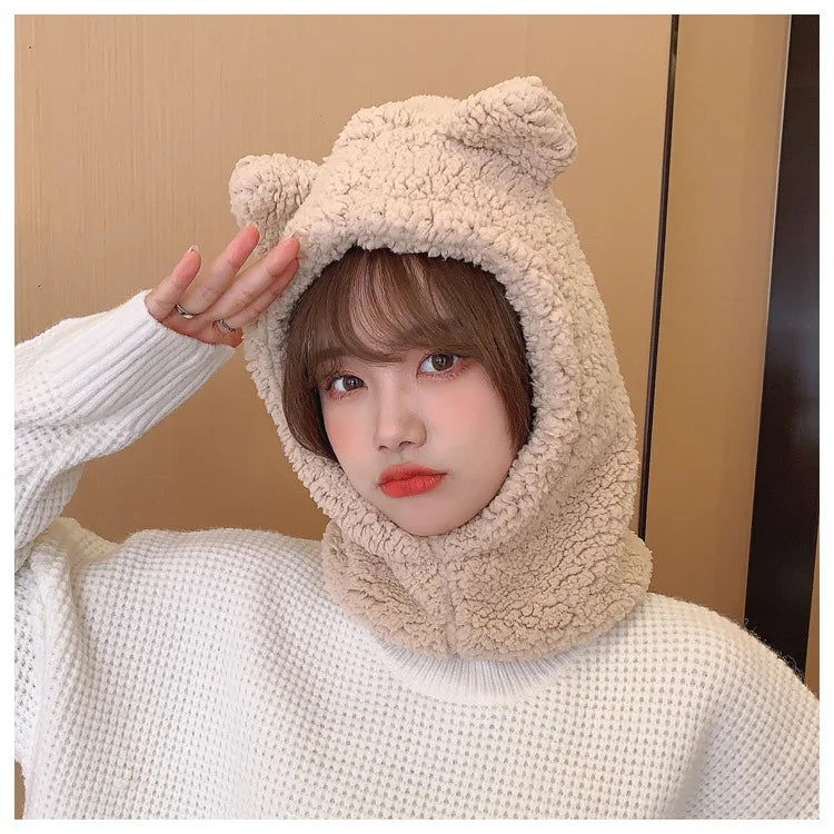 Winter Cartoon Hat With Mask Bear Lamb Beanie Hats Warm Thickened Ear Protection Skullies Beanies for Women Girl Kawaii SS69