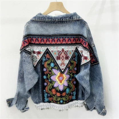 Streetwear Fashion Embroidery Sequins Denim Jacket Women Cowboy Outerwear Autumn Vintage Blue Big Pocket Jeans Jackets Female SS69