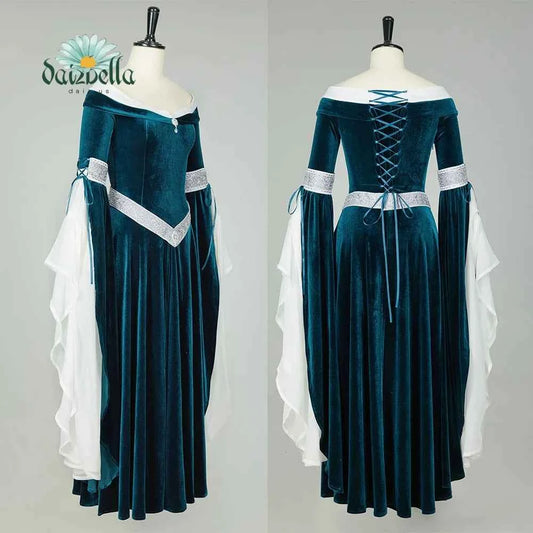 DAIZBELLA Women's Medieval Renaissance Costume Elf Style Off Shoulder Green Velvet Long Slim-fit Dress with Chiffon Sleeves