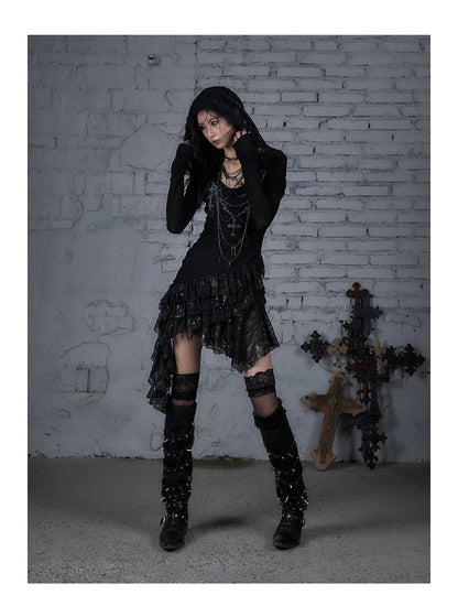NO ROMANCE Fairy Sexy Punk Printing Half Transparent Lace Patch Knitted Long Sleeve Hooded Dresses Rock Gothic Design Vestidos SS69