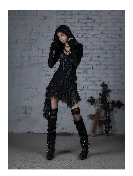 NO ROMANCE Fairy Sexy Punk Printing Half Transparent Lace Patch Knitted Long Sleeve Hooded Dresses Rock Gothic Design Vestidos SS69