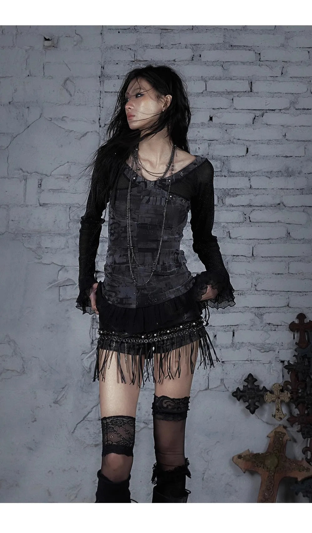 NO ROMANCE Fairy Sexy Punk Printing Half Transparent Lace Patch Knitted Long Sleeve Hooded Dresses Rock Gothic Design Vestidos SS69