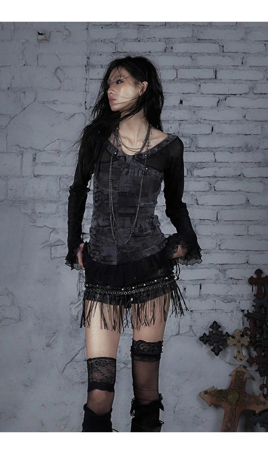 NO ROMANCE Fairy Sexy Punk Printing Half Transparent Lace Patch Knitted Long Sleeve Hooded Dresses Rock Gothic Design Vestidos SS69