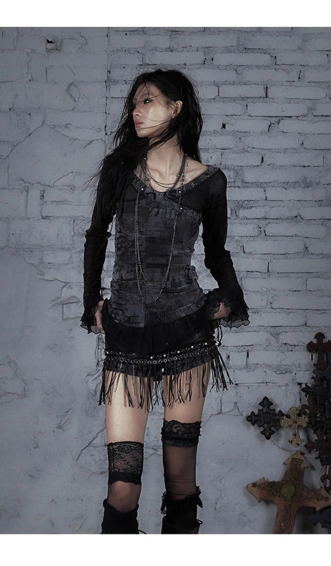 NO ROMANCE Fairy Sexy Punk Printing Half Transparent Lace Patch Knitted Long Sleeve Hooded Dresses Rock Gothic Design Vestidos SS69