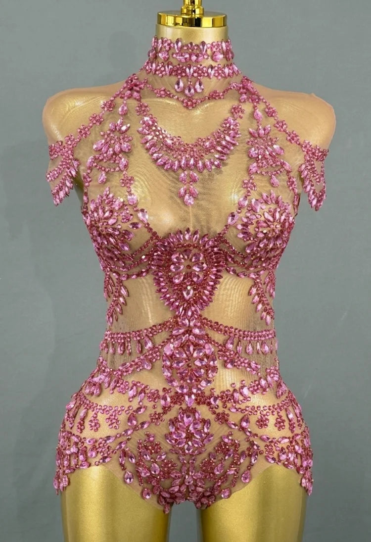Sparkly Rhinestone Mesh Bodysuit for Women - Transparent Dance Leotard