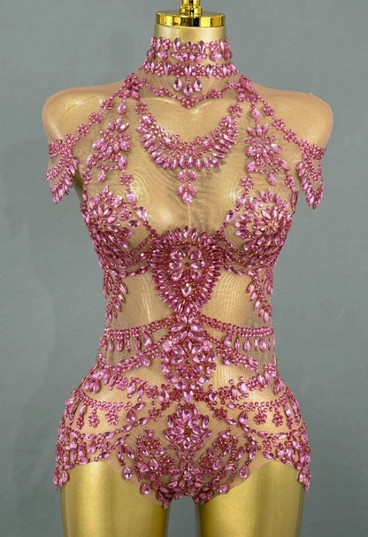 Sparkly Rhinestones Bodysuit Women Sexy Mesh Transparent Party Leotard Performance Dance Costume Singer Dancer Show Stage Wear