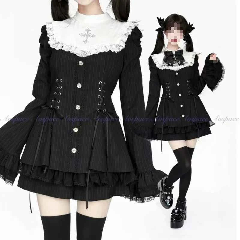 2025 Autumn Gothic Lolita Dress Sweet Heart Black Bow - Elegant Long Sleeve Short Dress with Lace Trim Slim Fit Waist for Women