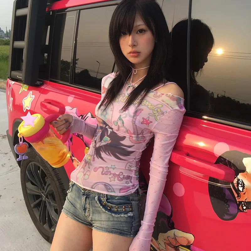 Karrram Japanese Y2k Anime Print Mesh Tops 2000s Aesthetics Pink Sheer Top Vintage Harajuku Kawaii See Through T-shirt Lolita SS69
